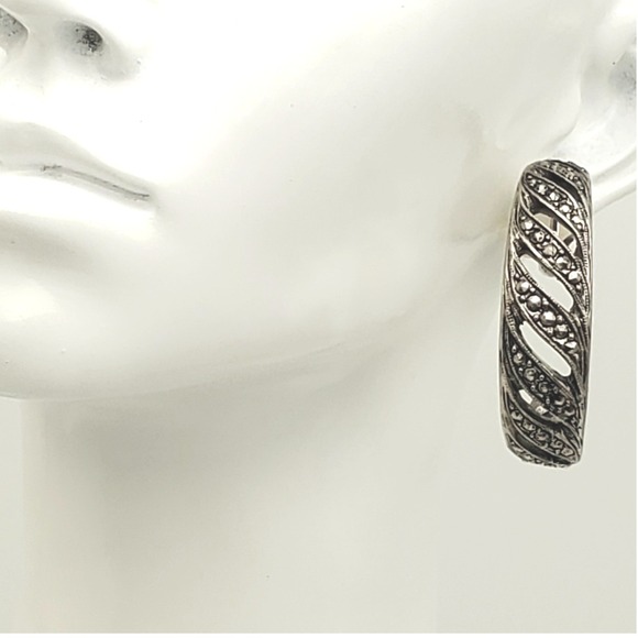 Avon Jewelry - Avon Hoop Earrings Silver Tone Faux Marcasite Clip On Openwork Timeless Style 92
